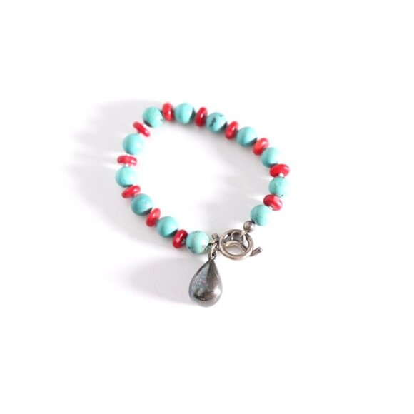 Ladies 925 Sterling Silver Turquoise Blue Red Stone Knot Teardrop Charm Bracelet - Picture 5 of 5